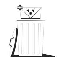 Deleting suspicious unwanted email line illustration concept. Spam e-mail envelope being thrown into trash bin. Junk message outline 2D composition isolated. Ink linear metaphor art vector