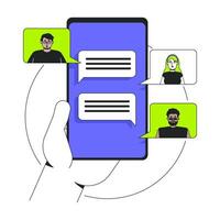 Group chat 2D onboarding ui illustration. Hand holding smartphone with messaging app. Online collaboration. Mobile phone chatting cartoon concept isolated on white. Flat abstract metaphor vector