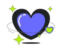 Y2K love planet 2D onboarding ui illustration. Floating heart with orbiting sparkling stars. 2000s futuristic retro romance cartoon concept isolated on white. Flat abstract metaphor vector