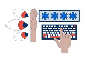 Password protection 2D illustration concept. Data security, privacy. Cybersecurity. Shielding typing keyboard from prying eyes cartoon composition isolated on white. Flat abstract metaphor vector