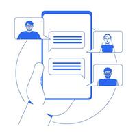 Group chat line onboarding ui illustration. Hand holding smartphone with messaging app. Online collaboration. Mobile phone chatting outline blue 2D concept isolated. Monochrome metaphor art vector