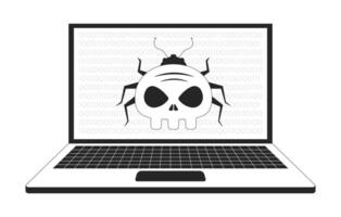 Virus computer bug on laptop line illustration concept. Cybersecurity threat. System hacking. Digital danger. Malware cyber infection outline 2D composition isolated. Ink linear metaphor art vector