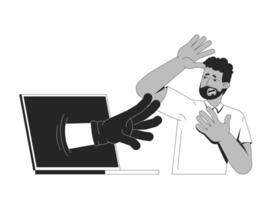 Cyberattack threatening frightened user line illustration concept. Cyber criminal hand reaching from laptop toward scared black man outline 2D character isolated. Ink linear metaphor art vector