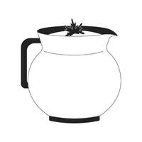Buttermilk pitcher with cilantro garnish 2D line object. Yogurt drink in clay jug. Indian lassi topped with herb. Beverage vessel isolated clipart ink outline item. Monochrome spot illustration vector