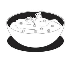Yogurt garnished with herbal sprig, chopped scallions in bowl 2D line object. Healthy probiotic creamy dairy product with herbs isolated clipart ink outline item. Monochrome spot illustration vector