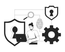 IT security workflow line illustration concept. Digital protection loop. Identity access. Cybersecurity provider analyst holding laptop outline 2D character isolated. Ink linear metaphor art vector