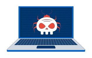 Virus computer bug on laptop 2D illustration concept. Cybersecurity threat. System hacking. Digital danger. Malware cyber infection cartoon composition isolated on white. Flat abstract metaphor vector