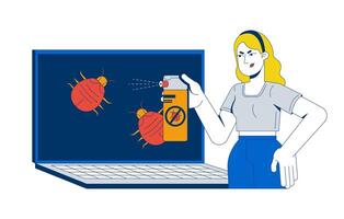Antivirus laptop 2D illustration concept. Debugging viruses malware. Cyber hygiene. Woman spraying computer bugs on desktop screen cartoon character isolated on white. Flat abstract metaphor vector