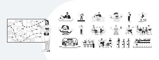 TV shows outline illustrations mega bundle. Broadcast and television entertainment. Weather forecast, talent contest, sitcom 2D linear images isolated. Collection black and white drawings vector