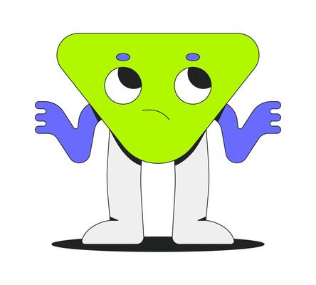 Confused groovy triangle character shrugging 2D onboarding ui illustration. Retro 70s triangular personage unsure. Uncertainty cartoon concept isolated on white. Flat abstract metaphor