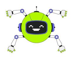 Robotics helper with pixelated smile 2D onboarding ui illustration. Round robot with multiple arms. Mascot technology. Friendly AI cartoon concept isolated on white. Flat abstract metaphor vector
