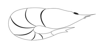 Whole orange shrimp in curled position 2D line object. Raw seafood crustacean. Shellfish prawn. Sea creature. Marine ingredient isolated clipart ink outline item. Monochrome spot illustration vector