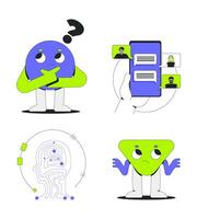 Digital thinking and communication 2D onboarding ui illustrations set. Groovy characters confused, group chat, circuitry cartoon concepts isolated on white. Flat abstract metaphor collection vector