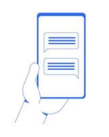 Hand holding smartphone with chat messages outline illustration. Cellphone communication, messaging screen, mobile technology isolated 2D image blue lineart. Linear drawing clip art vector