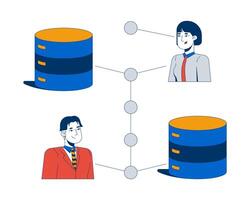 Users securely connected to database servers 2D illustration concept. Data transfer security. Business IT technology exchange cartoon characters isolated on white. Flat abstract metaphor vector