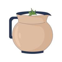 Buttermilk pitcher with cilantro garnish 2D cartoon object. Yogurt drink in clay jug. Indian lassi topped with herb. Beverage vessel isolated element flat clip art on white. Spot illustration vector