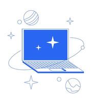 Laptop with orbiting planets sparkles line onboarding ui illustration. Cosmic internet. Cyber space notebook. Universe technology outline blue 2D concept isolated. Monochrome metaphor art vector