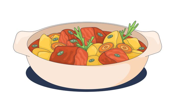Hearty stew with vegetables and meat chunks 2D cartoon object. Comfort food with potatoes, carrots and fresh herbs in ceramic bowl isolated element flat clip art on white. Spot illustration