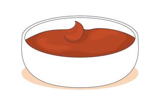 Red dipping sauce in white bowl 2D cartoon object. Tomato dip. Ketchup catsup. Savory condiment. Spicy flavor. Food container isolated element flat clip art on white. Spot illustration vector