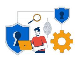 IT security workflow 2D illustration concept. Digital protection loop. Identity access. Cybersecurity provider analyst holding laptop cartoon character isolated on white. Flat abstract metaphor vector