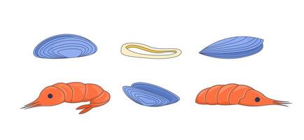 Assorted shellfish and shrimps 2D cartoon objects set. Clams, mussels, prawns, calamari ring. Seafood ingredients isolated elements flat clip arts on white. Spot illustrations collection vector
