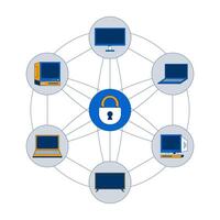 Safe network of connected devices 2D illustration concept. Endpoint security. Encryption computers. Cybersecurity padlock cartoon composition isolated on white. Flat abstract metaphor vector