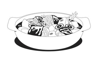 Hearty stew with vegetables and meat chunks 2D line object. Comfort food with potatoes, carrots and fresh herbs in ceramic bowl isolated clipart ink outline item. Monochrome spot illustration vector