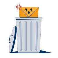 Deleting suspicious unwanted email 2D illustration concept. Spam e-mail envelope being thrown into trash bin. Junk message cartoon composition isolated on white. Flat abstract metaphor vector