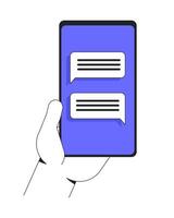 Hand holding smartphone with chat messages illustration. Cellphone communication, messaging screen, mobile technology 2D cartoon image isolated on white. Editable flat clipart colorful vector