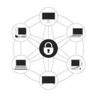 Safe network of connected devices line illustration concept. Endpoint security. Encryption computers distribute. Cybersecurity padlock outline 2D composition isolated. Ink linear metaphor art vector