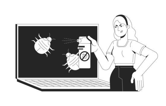 Antivirus laptop line illustration concept. Debugging viruses malware. Cyber hygiene. Woman spraying computer bugs on desktop screen outline 2D character isolated. Ink linear metaphor art vector