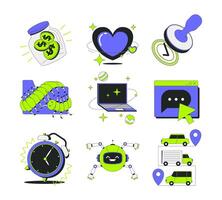 Finance, communication and technology 2D onboarding ui illustrations set. Transportation, love, robot, alarm clock cartoon concepts isolated on white. Flat abstract metaphor collection vector