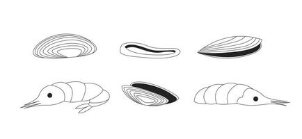 Assorted shellfish and shrimps 2D line objects set. Clams, mussels, prawns, calamari ring. Seafood ingredients isolated cliparts ink outline items. Monochrome spot illustrations collection vector