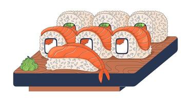 Mixed sushi platter on wooden tray 2D cartoon object. Shrimp nigiri, sushi rolls with salmon slices and roe, served with wasabi isolated element flat clip art on white. Spot illustration vector