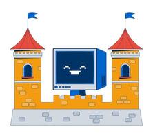 Computer protection 2D illustration concept. Cybersecurity stronghold firewall. CRT monitor protected in digital fortress towers cartoon composition isolated on white. Flat abstract metaphor vector