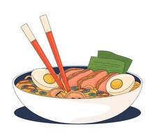 Ramen bowl with chopsticks 2D cartoon object. Asian soup noodles, boiled eggs, pork slices, vegetables, seaweed garnish dish isolated element flat clip art on white. Spot illustration vector