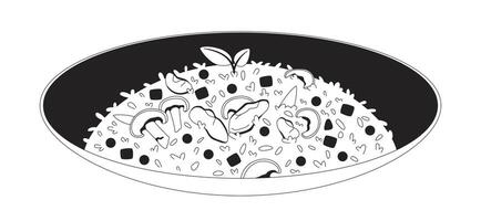 Vegetable fried rice with mushrooms and mussels 2D line object. Stir fry plated dish with carrots, peas and herbs. Cooked meal isolated clipart ink outline item. Monochrome spot illustration vector