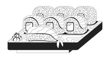 Mixed sushi platter on wooden tray 2D line object. Shrimp nigiri, sushi rolls with salmon slices and roe, served with wasabi isolated clipart ink outline item. Monochrome spot illustration vector