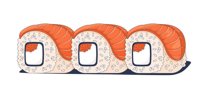 Three salmon sushi rolls filled with roe 2D cartoon object. Asian cuisine. Seafood rice meal with raw fish. Japanese maki rolls isolated element flat clip art on white. Spot illustration