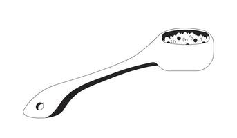 Spoon filled with cooked rice and peas 2D line object. Ceramic ladle with meal portion. Dining tool. Kitchen scoop. Tablespoon isolated clipart ink outline item. Monochrome spot illustration vector
