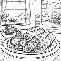 Delicious Lumpia Spring Rolls Food Still Life Coloring Page Featuring Window View Plants vector