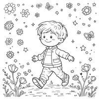 A Boy's Adventure Awaits An Enchanting Coloring Page Filled With Flowers Butterflies and Stars vector
