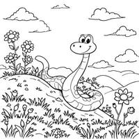 Snake Smiling In Grassy Field With Pretty Flowers Simple Line Art Illustration Coloring Page vector