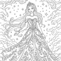 A Beautiful Princess in an Exquisite Gown Standing Amidst Clouds A Line Art Illustration vector