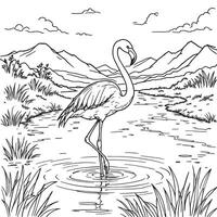 Flamingo Coloring Page A Beautiful Tropical Bird in the Wild Environment Line Art Drawing vector
