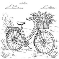 Whimsical Bicycle with Flower Basket Coloring Adventure For Relaxation and Creative Expression Unleashed vector