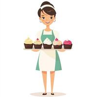 A woman in apron holding a tray of cupcakes vector