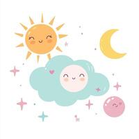 Cute cartoon sun and moon with clouds and stars vector