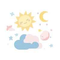 A cartoon sun, moon and clouds vector
