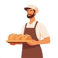 A man in an apron holding bread on a tray vector